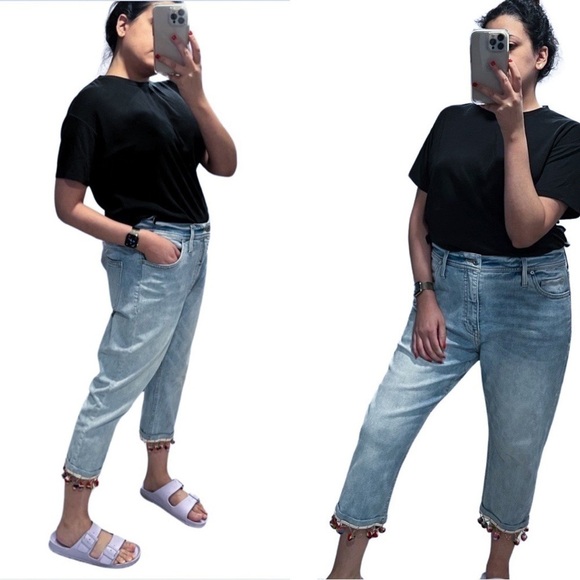 Pilcro and the Letterpress Pants - ANTHROPOLOGIE PILCRO Slim Straight Pom Pom Boho Denim Pants Sz 33